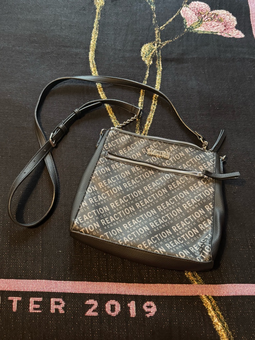 Kenneth Cole Reaction Black Logo Print Crossbody Bag with Silver Accents